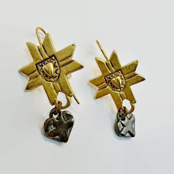 Heart Earrings, Cross, Mixed Metal Earrings, Vintage, Silver, Brass, Pierced - Picture 3 of 4